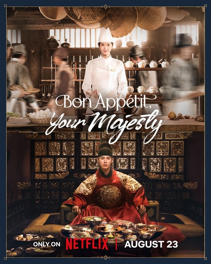 Poster drama Bon Appétit, Your Majesty menampilkan Comeback Yoona SNSD sebagai chef modern dan aktor pemeran raja Joseon, tayang di Netflix 23 Agustus.