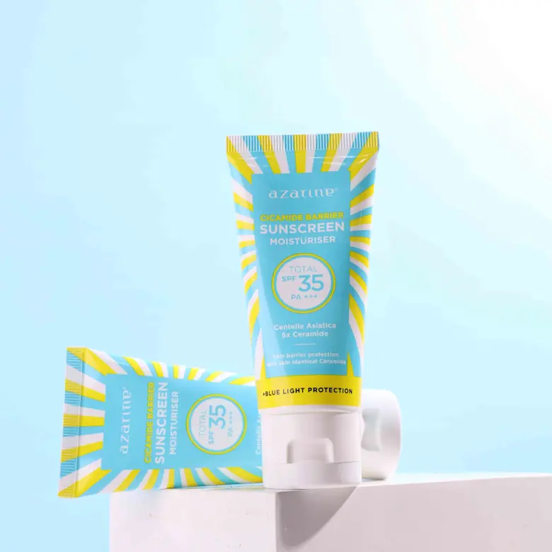 Azarine Cicamide Barrier Sunscreen Moisturizer SPF35 PA+++ moisturizer kulit sensitif yang ber-SPF dan cocok untuk aktivitas di outdoor yang tak terlalu lama