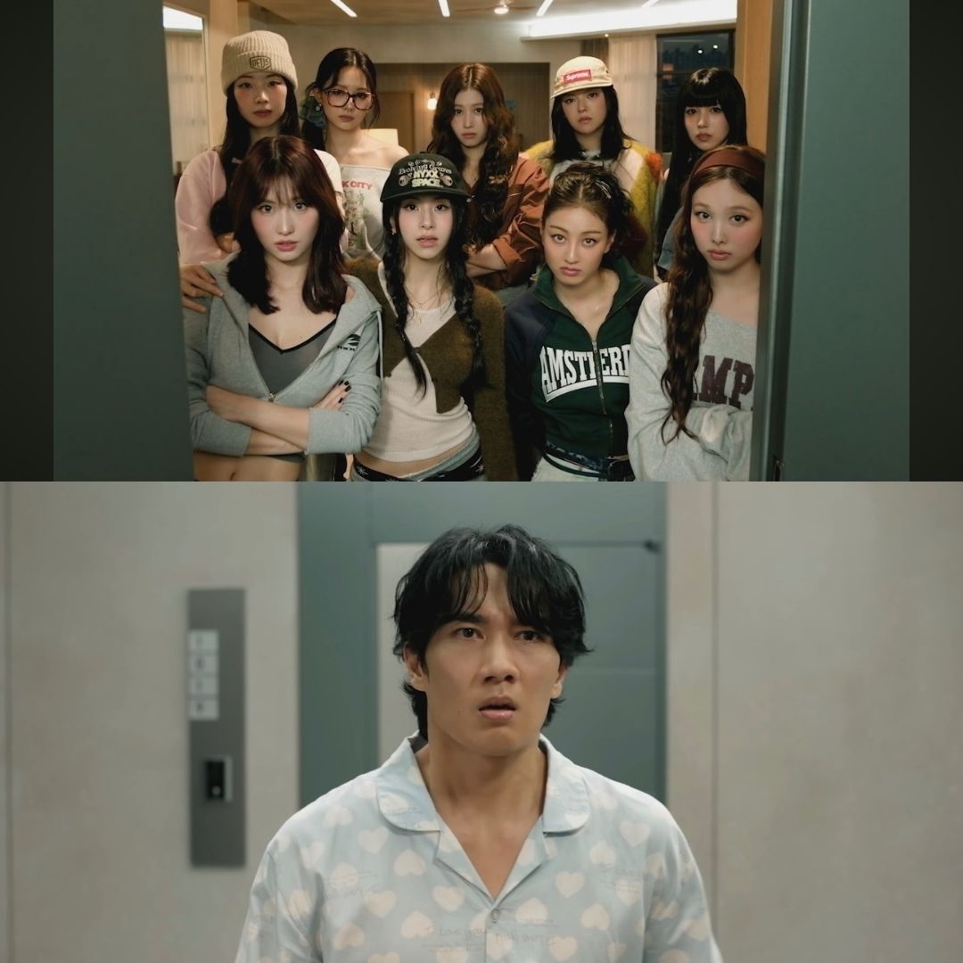 Cuplikan adegan dari comeback TWICE bersama aktor Um Tae-goo yang menampilkan momen kocak di depan pintu.