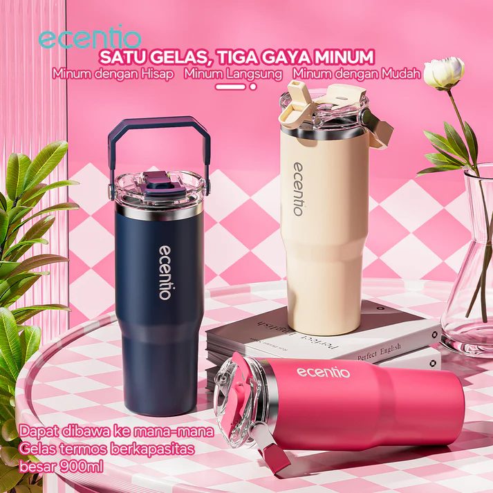 Ecentio tumbler stainless BPA Free warna pink dan cream white